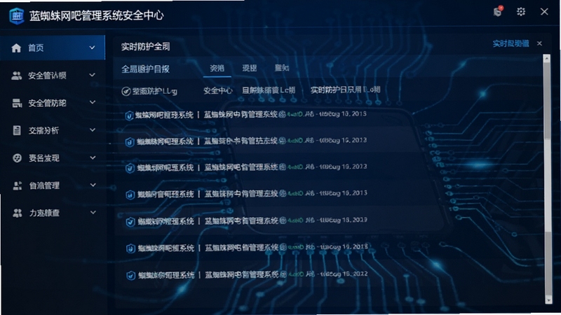 一张蓝蜘蛛网吧管理系统安全中心的功能界面截图,左侧是导航栏,右侧显示实时防护日志,背景以深蓝色科技感线条勾勒,突出其安全管控的核心能力。