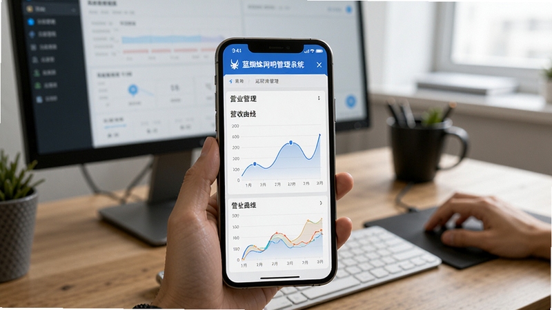 展示蓝蜘蛛网吧管理系统云端管理后台在手机上的显示效果,画面中手机屏幕清晰显示营收曲线图,背景为办公桌面,体现移动办公与远程管理的便捷性。