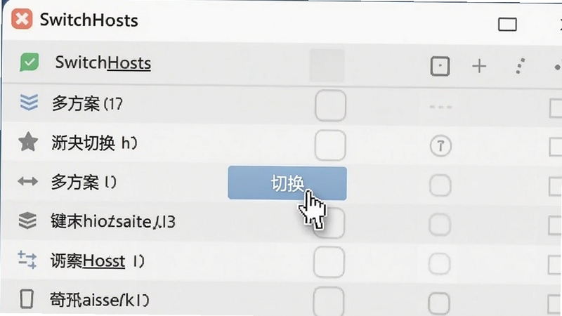 չʾSwitchHosts�����ж�������б��Ľ���ֲ���д�����ָ����ͣ�ڡ��л�����ť�ϣ�����Ϊǳ��ɫ��ͻ�����෽�����롰һ���л������ܣ�������������������������SwitchHosts������Booguģ������