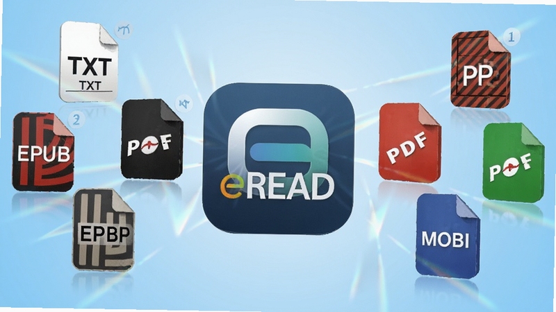 一张展示eREAD阅读器文件格式支持功能的示意图,画面中央为软件图标,周围环绕着TXT、EPUB、PDF、MOBI等多种电子书格式的立体图标,背景为科技感十足的浅蓝色渐变,光线折射效果明显,整体风格明亮且富有现代感。