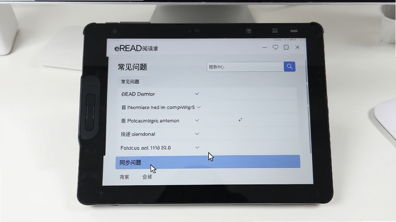 一张展示eREAD阅读器帮助中心界面的截图,画面中屏幕显示软件内置的帮助文档,包含常见问题列表和搜索框,背景为干净的白色桌面,鼠标指针指向“同步问题”选项,整体风格简洁明了。