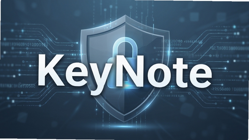 KeyNote软件安全性能展示图,背景为盾牌和锁图标,周围有数据流线条,色调为蓝灰色,突出安全可靠,画面包含KeyNote字样