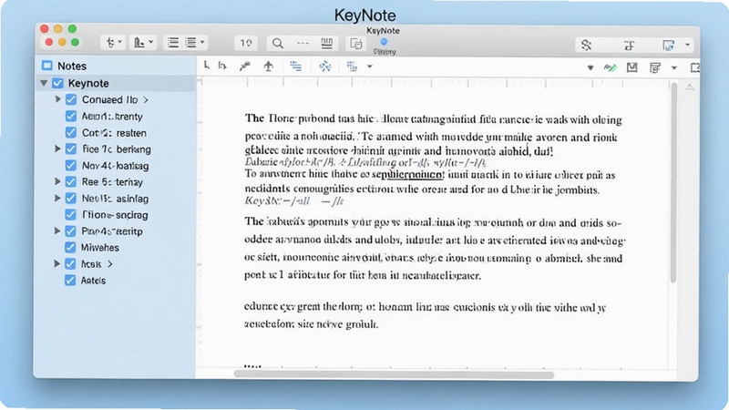 一张KeyNote软件主界面截图,左侧为树状笔记目录,右侧为富文本编辑区域,界面简洁清晰,背景为淡蓝色调,体现安全与高效,整体风格专业,适合软件介绍页面,画面中需包含KeyNote字样