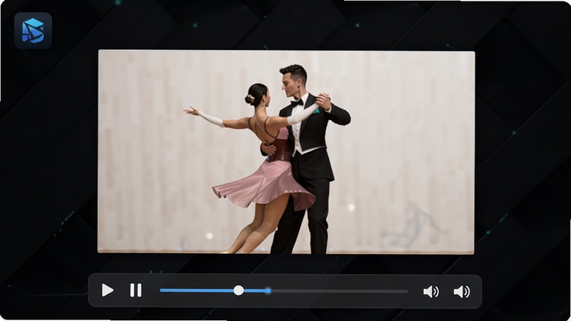 Ballroom Player 主界面预览图,深色背景,中间显示视频播放画面,底部为简洁控制栏,包含播放/暂停、进度条、音量调节按钮,左上角有软件Logo,整体风格现代科技感,高清渲染