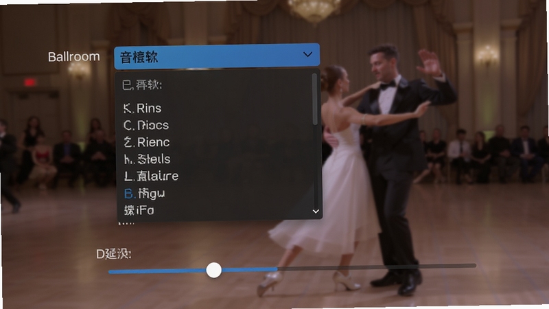 Ballroom Player 音频设置界面,显示音轨选择下拉列表,包含多个语言选项,下方有延迟调节滑块,界面简洁清晰,背景为半透明模糊的视频画面,体现人性化设计