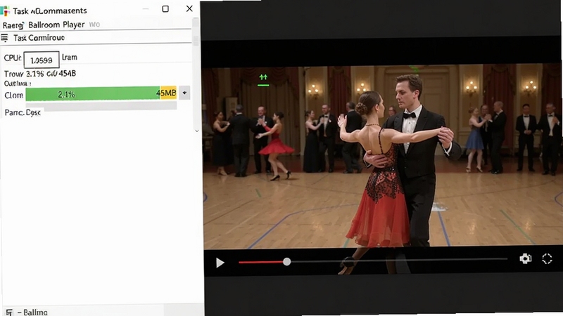 Ballroom Player 运行状态截图,任务管理器显示该进程CPU占用2.1%,内存占用45MB,旁边是流畅播放的视频画面,体现轻量高效特点