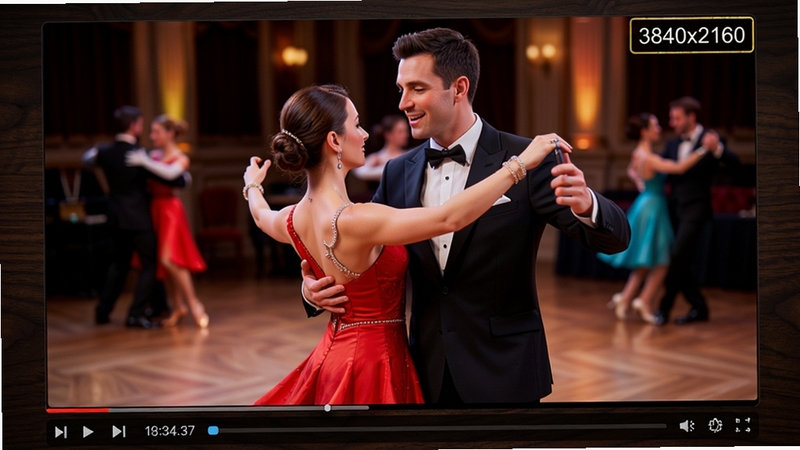 Ballroom Player 播放4K视频画面,画面清晰细腻,色彩鲜艳,视频右上角显示分辨率3840x2160,下方控制栏显示当前播放时间,背景为深色木纹桌面,体现高性能解码能力