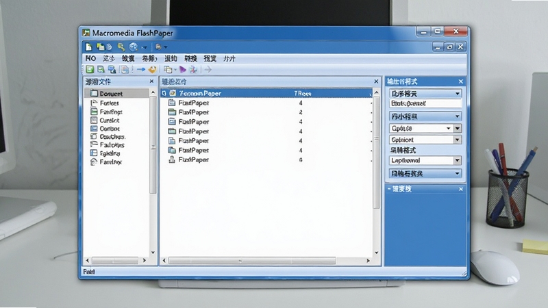 Macromedia FlashPaper 文档转换工具界面预览图,背景为简洁的办公桌面,软件主窗口显示文档转换列表,左侧有源文件选择区域,右侧为输出格式选项,整体色调以蓝白为主,清晰展示软件功能布局