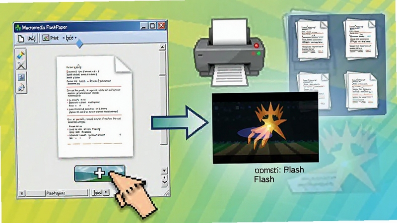 Macromedia FlashPaper 一键打印转换功能示意图,画面展示用户点击打印按钮后,软件自动将文档转换为 Flash 动画的过程,背景有打印机图标和文档缩略图,色彩明亮,突出操作便捷性