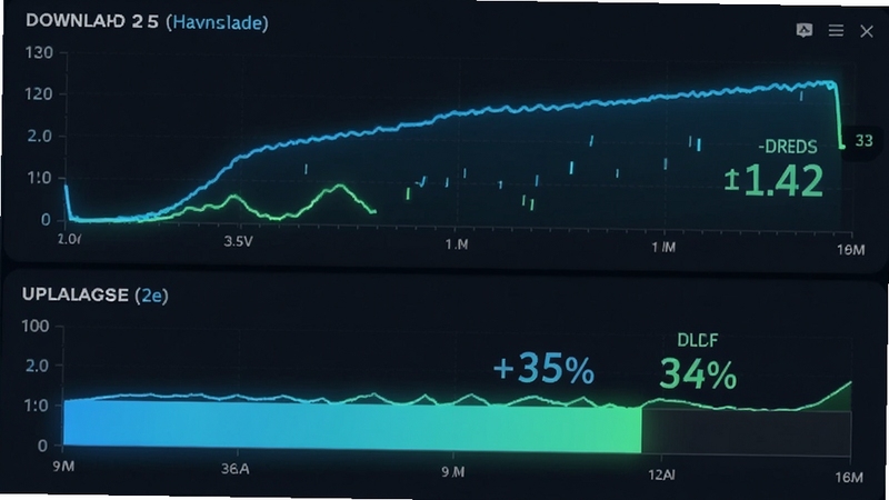 SpeedTest 测速过程动画截图,屏幕上半部分显示下载速度的实时曲线,下半部分显示上传速度的进度条,界面以深色背景搭配霓虹蓝与绿色高亮,数字跳动清晰可见,强调测试的即时性与动态感