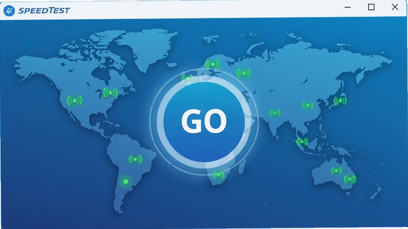 SpeedTest 主界面展示,画面中央为醒目的GO按钮,背景为世界地图轮廓,整体风格扁平化、科技蓝渐变色调,按钮周围有轻微的光晕效果,地图上散布着多个绿色信号点,代表全球测试服务器,画面简洁明亮,突出测速工具的国际化属性