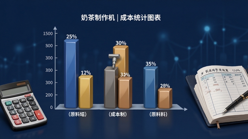 奶茶制作机成本统计图表界面,柱状图显示各原料成本占比,背景为深蓝色商务风格,数据清晰,图表立体,旁边有计算器与账本元素,体现专业性与实用性