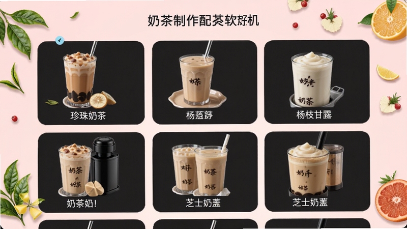 奶茶制作机软件配方列表页截图,屏幕显示多款奶茶名称与图片,包括珍珠奶茶、杨枝甘露、芝士奶盖等,背景为淡粉色,装饰有茶叶和水果元素,画面简洁明快,突出软件界面的整洁与丰富性