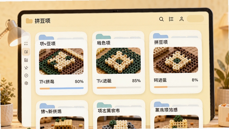 拼豆呗软件预览图,展示其项目管理界面,屏幕上以卡片形式展示了几个不同的拼豆项目文件夹,每个卡片上有项目名称、预览图和进度百分比,界面采用柔和的圆角设计,背景为淡黄色,营造出温馨有序的管理氛围。