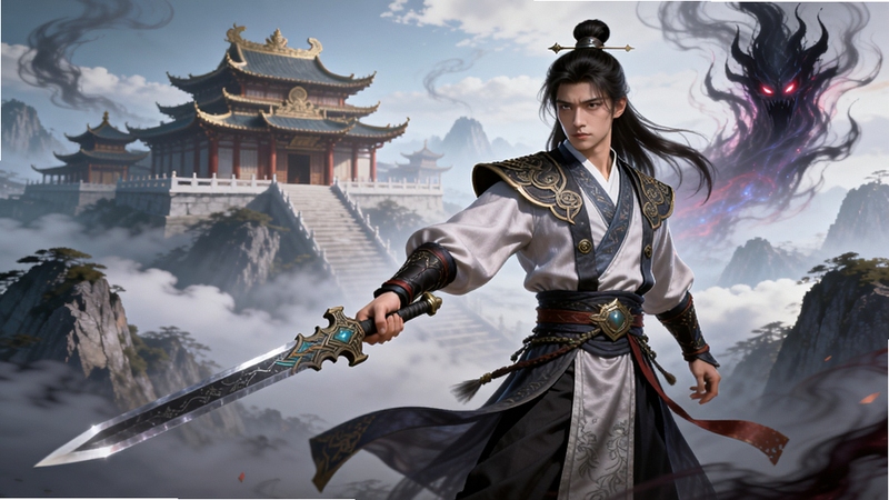 仗剑封魔游戏主视觉图,一位手持长剑的仙侠主角立于云雾缭绕的山巅,身后是巍峨仙宫与翻涌的魔气,画面宏大,色彩鲜明,角色服装细节精致,背景层次丰富,整体风格为写实仙侠风,光线通透,适合作为游戏宣传主图。