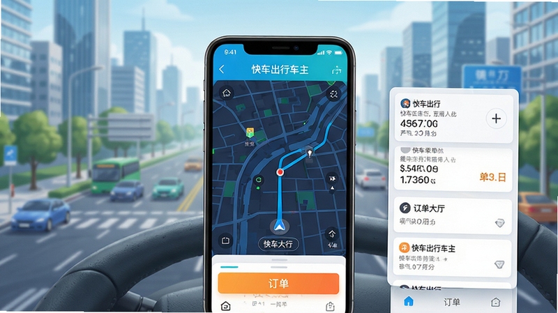 快车出行车主APP主界面预览图,展示司机接单大厅,地图导航清晰,订单卡片信息完整,背景为城市道路,风格现代简洁,色彩明亮,突出软件名称“快车出行车主”