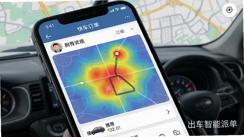 快车出行车主智能派单界面截图,手机屏幕显示附近订单热力图,推荐接单路线,司机头像与车辆信息展示,背景为城市地图,UI设计清晰易懂,带软件名称水印