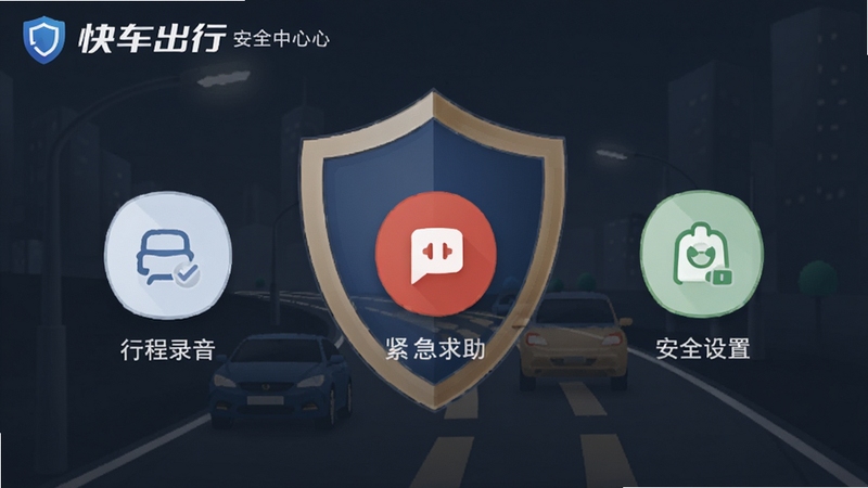 快车出行车主安全中心界面,展示行程录音、紧急求助、安全设置等功能图标,背景为盾牌与道路元素,风格稳重,突出安全可靠,带软件名称标识