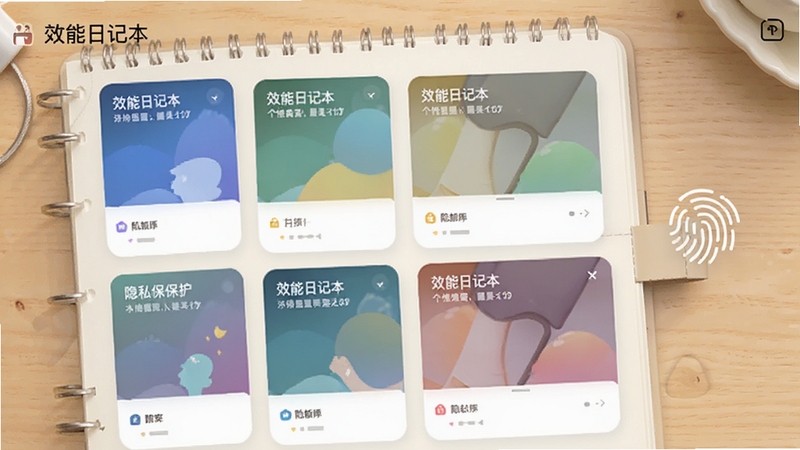 一张展示效能日记本个性化主题设置的截图,屏幕上有多种色彩的主题卡片,背景是浅色木纹桌面,旁边有指纹解锁图标,整体氛围温馨安全,突出“隐私保护”功能,画面包含“效能日记本”文字