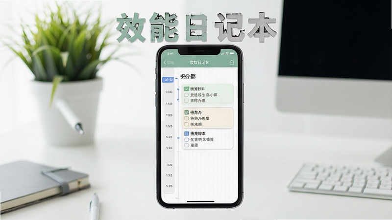 一张展示效能日记本核心功能的宣传图,画面中央是一部智能手机,屏幕上显示着时间轴与待办事项结合的日记界面,背景是简约的办公桌与绿色植物,整体色调明亮清新,突出“高效记录”主题,画面包含“效能日记本”字样