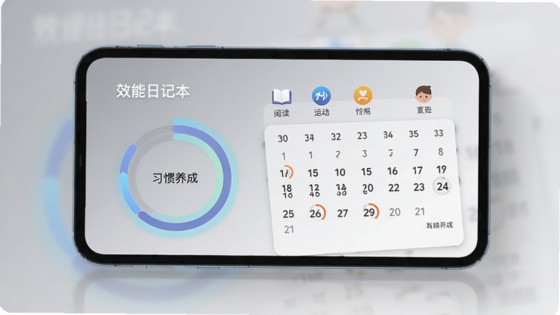 一张展示效能日记本习惯打卡功能的界面,屏幕上是圆形进度环和连续打卡日历,旁边有“阅读”“运动”等小图标,背景是柔和的渐变灰色,整体风格简约现代,突出“习惯养成”主题,画面包含“效能日记本”字样
