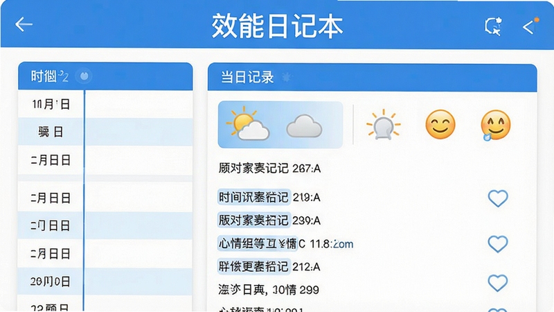 一张展示效能日记本时间轴界面的截图,左侧是日期列表,右侧是当日详细记录,包含天气图标和心情表情,整体采用蓝白配色,界面简洁清晰,突出“时间轴日记”功能,画面上方有“效能日记本”文字标识