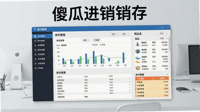 一张展示傻瓜进销存软件主界面的高清截图,画面中央是清晰的库存管理仪表盘,左侧功能导航栏整齐排列,右侧显示商品列表与库存预警数据,背景为简洁的浅灰色办公桌面,整体风格明亮专业,突出软件简洁易用的特点,画面上方有“傻瓜进销存”字样