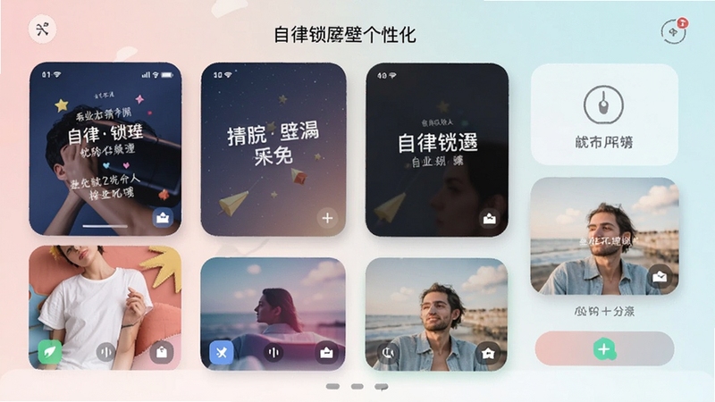 自律锁机个性化锁屏壁纸设置界面,展示多款主题预览,用户可自定义文字与图片,界面友好,色彩柔和