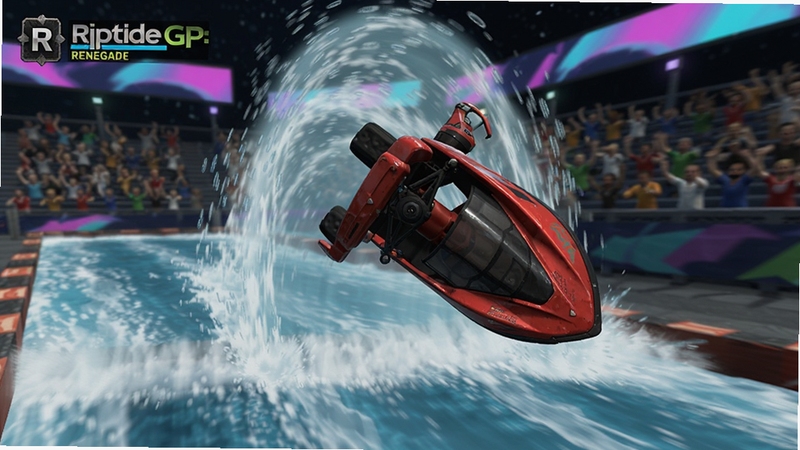 ��Ϸʵ����ʾ��ͼ��Riptide GP: Renegade ��һ�Һ�ɫ���ɫ����Ħ��ͧ������к���µ��������������һ�����ѶȵĿ��з�ת��Ħ��ͧ�ڿն��𣬳�����ˮ���γ���ǣ�ˮ���Ľ��γɰ�͸����Ļ����������ģ�����Ĺ��ڿ�̨���޺�ƹ⣬���涯̬��ʮ�㣬չʾ����Ϸ��ɫ��������ײ��ˮ����Ч�����嶯��ռ�ݻ������ġ�