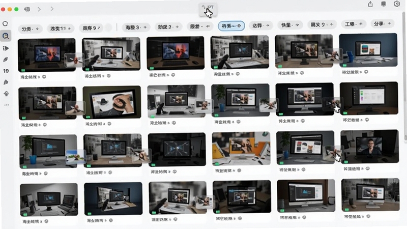 动态PPT模板软件界面中展示的模板库缩略图墙,分类标签排列整齐,鼠标悬停显示预览动画,背景为浅灰色工作台,突出海量选择与快速检索功能。