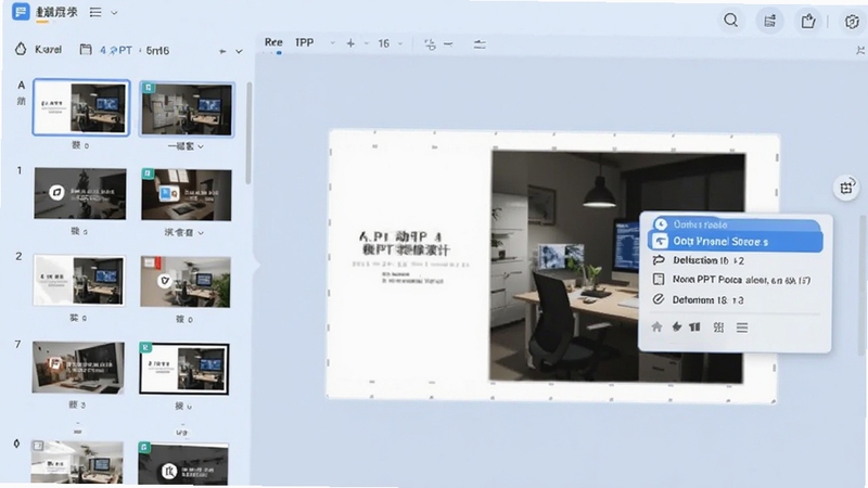 动态PPT模板软件的操作演示截图,左侧为模板缩略图列表,右侧为编辑区,显示一键套用与批量替换菜单,背景为浅蓝色界面,强调高效操作流程。