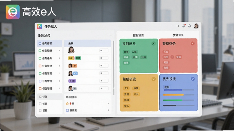 生成一张功能示意图,画面中央为高效e人软件的智能任务管理界面,左侧显示任务分类列表,右侧为四象限优先级视图,配以彩色标签与进度条,背景为模糊的办公场景,强调任务规划与可视化管理,画面风格简洁专业,包含高效e人软件名称标识。