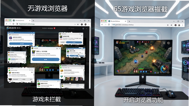 65游戏浏览器无广告浏览功能展示,对比式画面,左边为未开启拦截的普通浏览器页面,充满杂乱弹窗;右边为开启65游戏浏览器拦截后的页面,整洁清晰,只有游戏内容展示,背景为浅色科技感房间,浏览器界面占据画面主体,突出清爽与专注