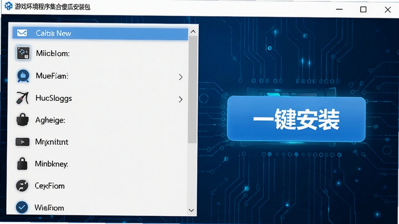 一张展示游戏环境程序集合傻瓜安装包主界面的高清截图,界面简洁,左侧是组件列表,右侧是醒目的“一键安装”按钮,背景为深蓝色科技感风格,整体画面清晰明亮,突出软件的核心功能,适配Boogu模型生成。