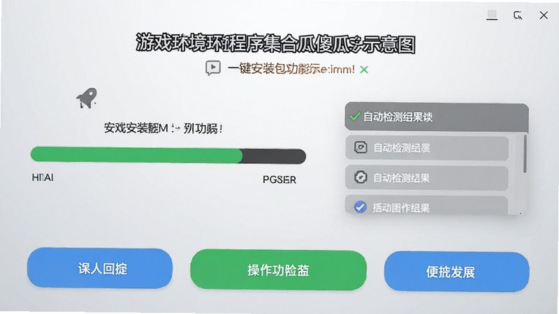 游戏环境程序集合傻瓜安装包一键安装功能示意图,显示进度条和自动检测结果列表,界面简洁现代,按钮醒目,背景为浅灰色渐变,突出操作便捷性