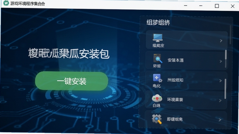 游戏环境程序集合傻瓜安装包主界面预览图,展示一键安装按钮和组件列表,背景为深蓝色科技感风格,整体画面清晰明亮,突出软件的便捷性