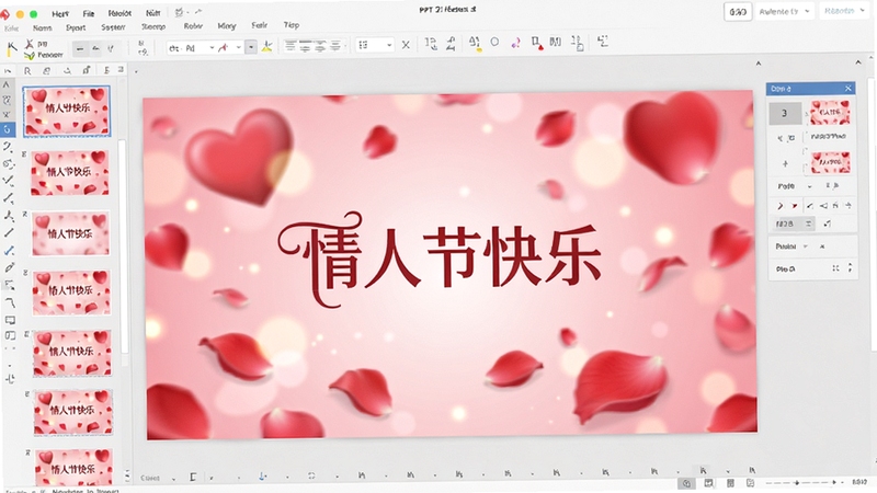一款情人节PPT模板的展示界面,画面中央是一份精美的粉色系幻灯片模板,背景有爱心、玫瑰花瓣和柔光特效,整体氛围浪漫温馨,模板封面显示“情人节快乐”字样,周围有编辑工具栏和缩略图,清晰展示软件全貌,画面比例16:9,高清渲染