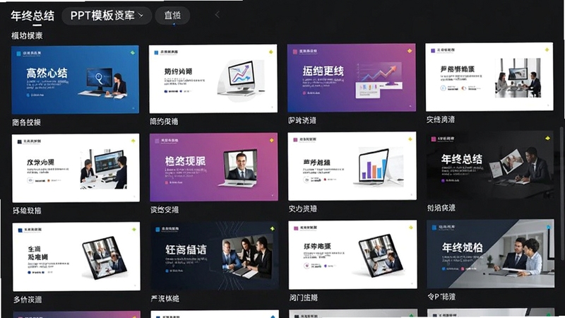 年终总结PPT模板模板库界面,展示多个不同风格的PPT缩略图,有商务蓝、简约白、渐变紫等,界面布局整齐,分类标签清晰可见