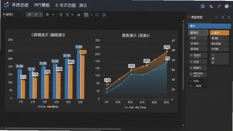 年终总结PPT模板图表编辑功能演示,编辑区显示柱状图与折线图,数据标签清晰,右侧有图表类型选择面板,整体配色专业