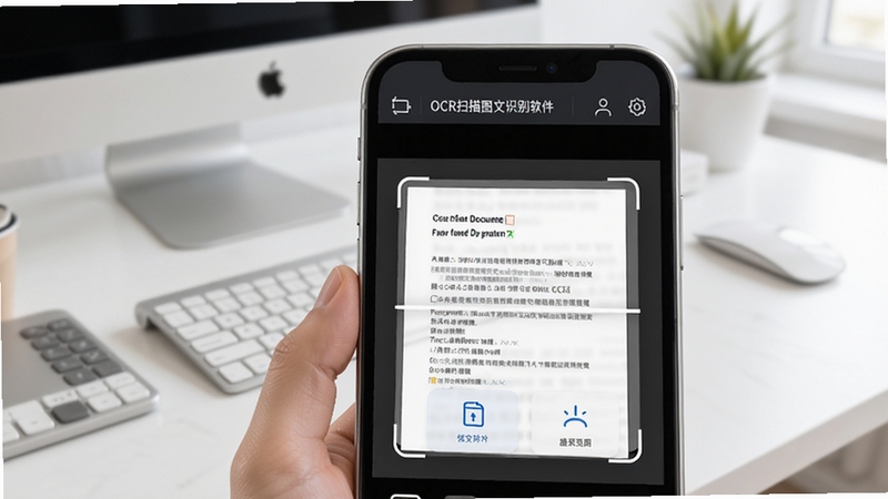 OCR扫描图文识别软件主界面预览图,展示手机屏幕上的扫描文档与文字提取功能,背景为干净明亮的办公桌面,界面简洁清晰,突出软件名称与核心功能模块,整体风格现代实用