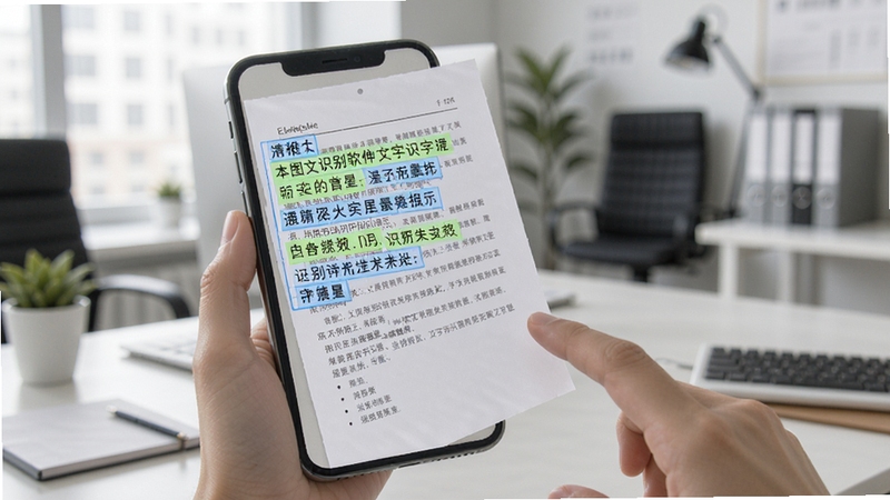 OCR扫描图文识别软件的文字识别过程示意图,画面中手机对准一张纸质文档,屏幕上实时显示文字被高亮框选并转换为可编辑文本,背景为办公环境,突出识别精准高效的特点