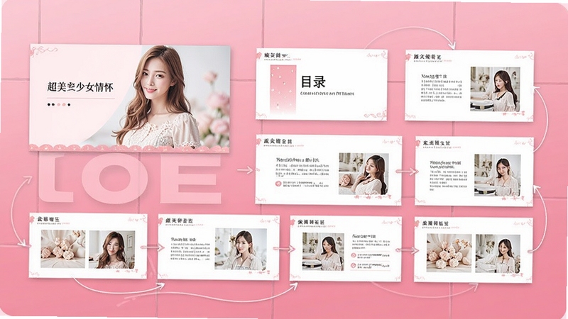 ��������Ů�黳PPTģ���ʽ�붯��չʾͼ��������չʾһ��PPTģ��Ķ��ְ�ʽ����ͼ���������桢Ŀ¼��ͼ�Ļ���ҳ�ȣ��Ա����ж�̬Ч��ʾ������������Ϊ��ɫ���䣬�����������ˣ��ʺ���Ϊ����չʾ����ͼ