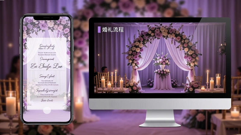 浪漫紫色婚礼请帖PPT模板全流程应用场景展示,画面左侧为手机竖版电子请帖预览,右侧为电脑宽屏婚礼流程页,背景为紫色婚礼现场布置,包含鲜花拱门与烛光,整体呈现婚礼邀请全流程解决方案