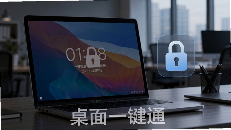展示桌面一键通一键锁屏功能的示意图,画面中一台笔记本电脑屏幕被锁定,显示时间与日期,背景为模糊的办公室环境,旁边有一个悬浮的锁形图标,整体色调偏暗,突出安全氛围,软件名称“桌面一键通”以水印形式出现在画面底部。