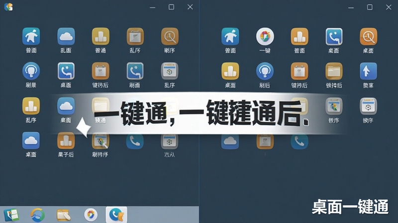 展示桌面一键通图标锁定功能的对比图,左图是普通桌面刷新后图标乱序的场景,右图是使用桌面一键通后图标保持整齐排列的场景,中间有醒目的对比文字,背景为纯色,突出功能效果,软件名称“桌面一键通”出现在右下角。