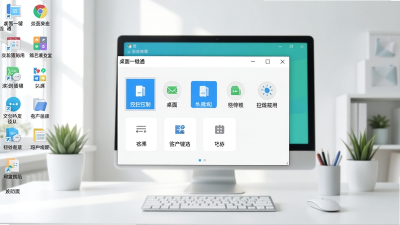 一张展示桌面一键通主界面的高清截图,画面中央是软件的主控制面板,周围是整理得井井有条的电脑桌面图标,背景为简洁的现代办公场景,光线明亮,色彩清新,整体给人高效、整洁的视觉感受,软件名称“桌面一键通”清晰可见。