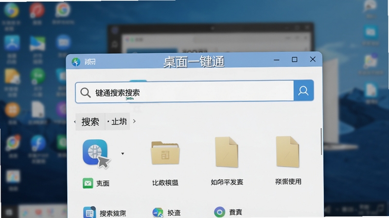 展示桌面一键通快捷搜索功能的界面截图,画面中央是一个搜索框,下方显示搜索结果列表,包含应用程序和文件图标,背景为模糊化的桌面,突出搜索框的醒目位置,整体风格简洁明亮,软件名称“桌面一键通”显示在搜索框上方。