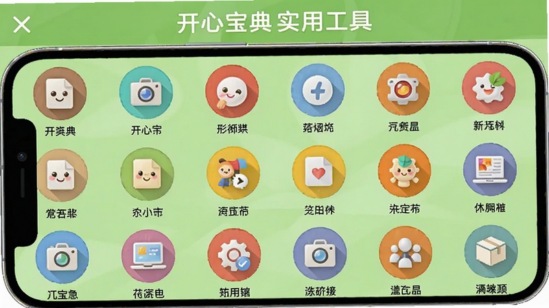 开心宝典实用工具页面,手机屏幕展示多个圆形图标工具,背景为浅绿色,每个图标下方标注名称,软件名称显示在页面头部