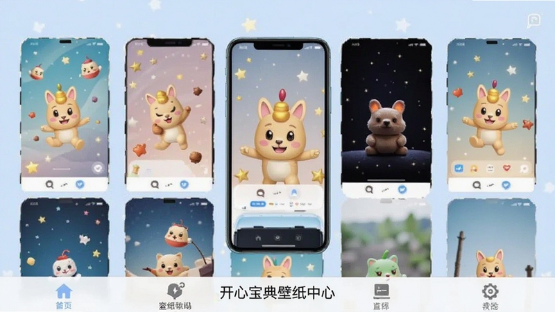开心宝典壁纸中心展示,手机屏幕显示多张精美壁纸缩略图,背景为淡蓝色,界面布局整齐,软件名称在底部导航栏