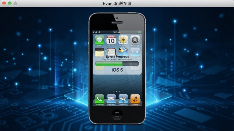 Evasi0nԽ������������Ԥ��ͼ����������չʾһ̨����iOS 6ϵͳ��iPhone�ֻ�����Ļ����ʾԽ��������������Ϊ����ɫ�Ƽ��й�Ч����������������ͻ�����ߵ�רҵ����������